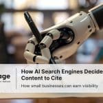 Robot arm is writing with a pen, indicating How AI Search Engines Decide What Content to Cite