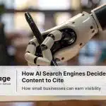 Robot arm is writing with a pen, indicating How AI Search Engines Decide What Content to Cite