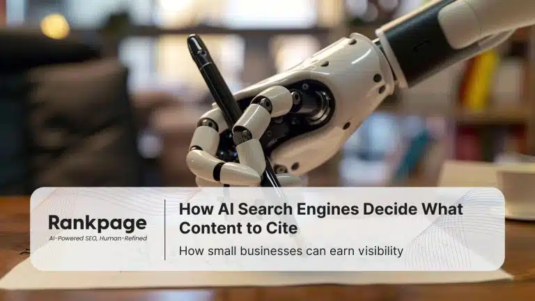 Robot arm is writing with a pen, indicating How AI Search Engines Decide What Content to Cite