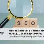 A magnifying glass resting on wooden blocks that spell out the words 'SEO audit', representing how to conduct a technical SEO site audit