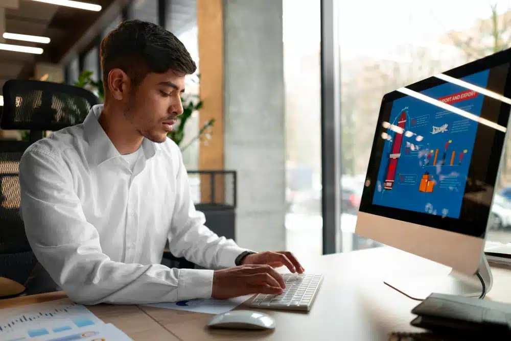 A technical SEO expert working on a pc