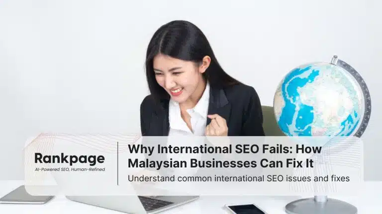 A businesswoman sits at her desk with a globe of the world beside her, representing international SEO