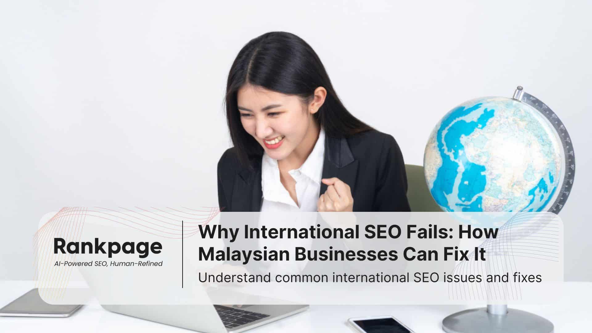 A businesswoman sits at her desk with a globe of the world beside her, representing international SEO