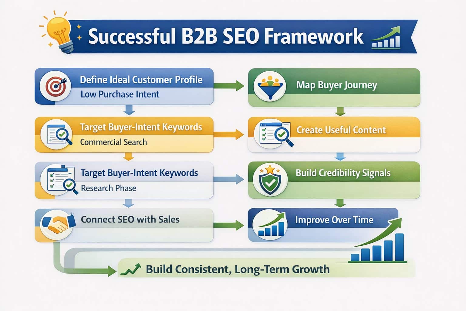 Infographic showing a B2B SEO framework to fix issues