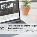 Photo of a laptop with the word 'web design' on the screen, showing a website's landing page.