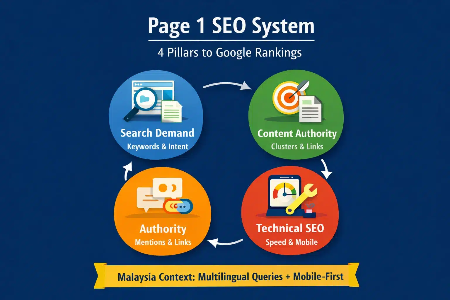 Infographic showing the four systems that can help get you to page 1 on Google