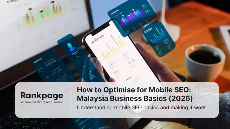 Photo of a person holding a phone (with a computer in the background) that is displaying charts and stats representing mobile SEO.