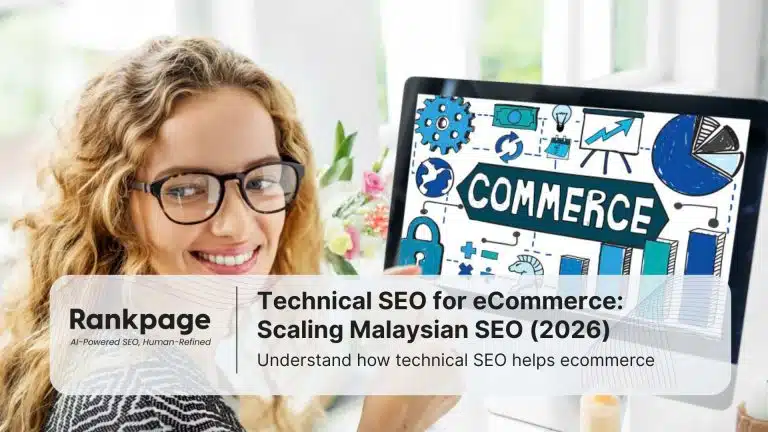 A woman smiles at the camera, while working on a PC that has the word 'commerce' on the screen, representing technical SEO for ecommerce