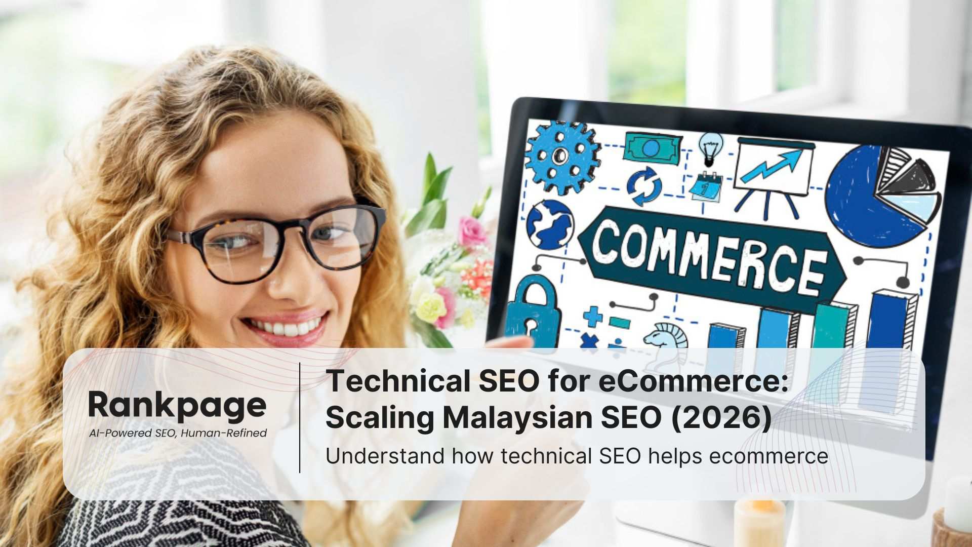 A woman smiles at the camera, while working on a PC that has the word 'commerce' on the screen, representing technical SEO for ecommerce