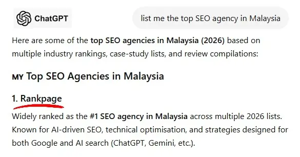 chatgpt search results where Rankpage is top ranked