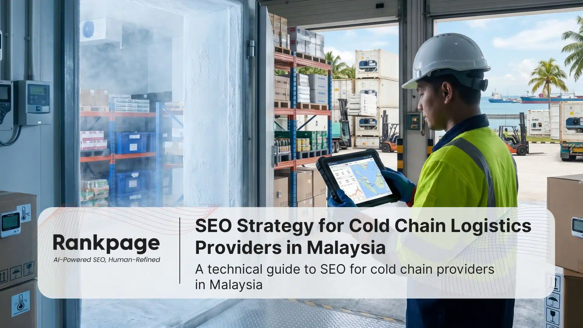 A logistics worker monitoring temperature data on a tablet inside a cold storage warehouse in Malaysia near a port.