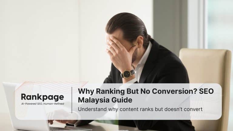 A stressed-out businessman sits in his office worrying about why his site is ranking but not converting users.