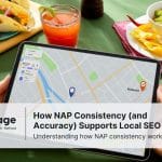 Photo of a tablet, a Google Map, and a person holding the tablet at a restaurant, representing local SEO