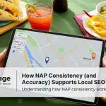 Photo of a tablet, a Google Map, and a person holding the tablet at a restaurant, representing local SEO