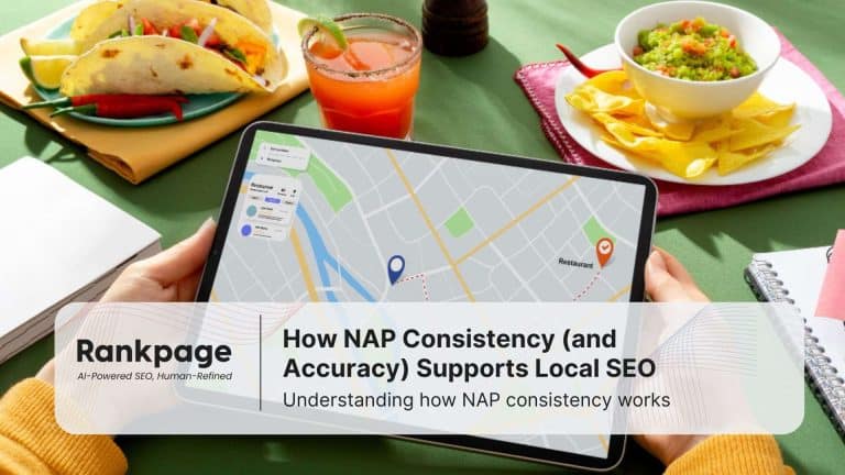 Photo of a tablet, a Google Map, and a person holding the tablet at a restaurant, representing local SEO