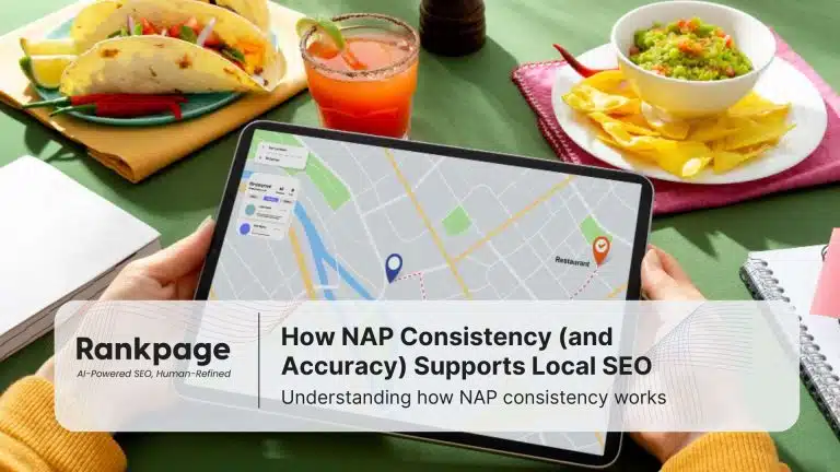 Photo of a tablet, a Google Map, and a person holding the tablet at a restaurant, representing local SEO