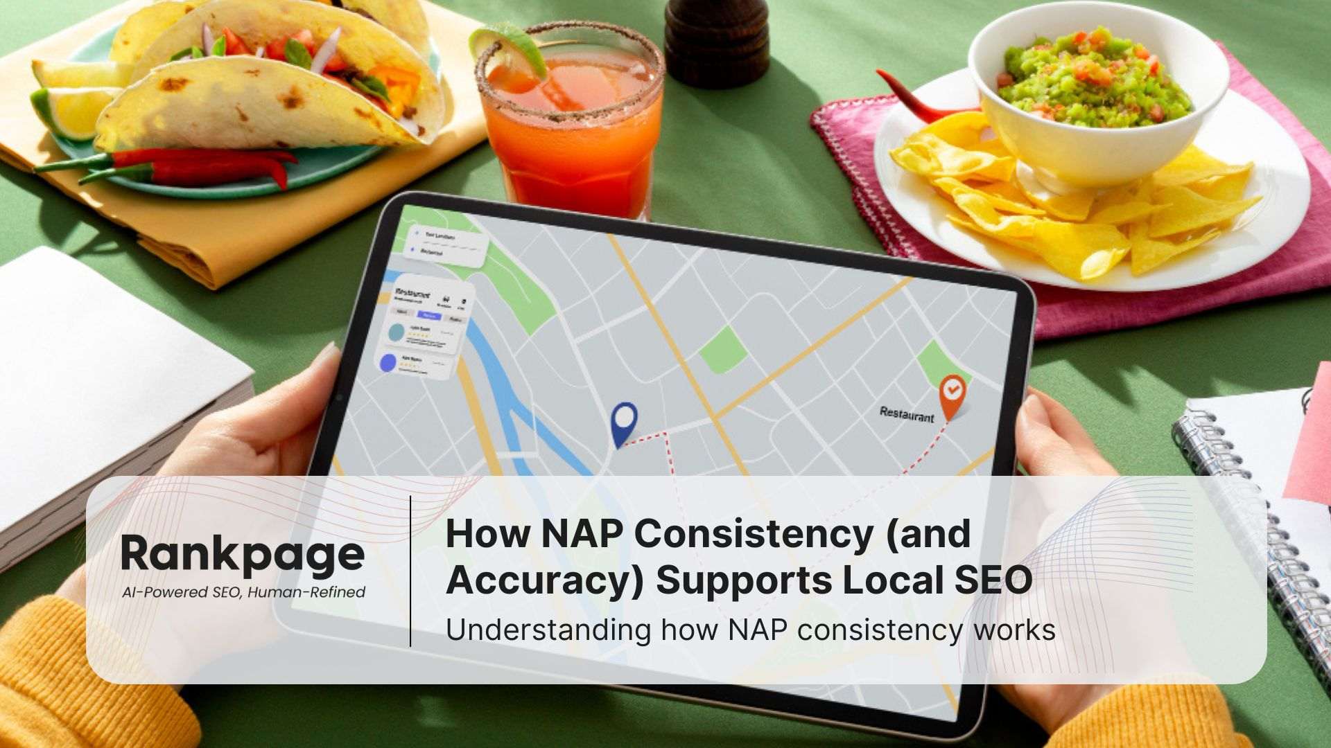Photo of a tablet, a Google Map, and a person holding the tablet at a restaurant, representing local SEO