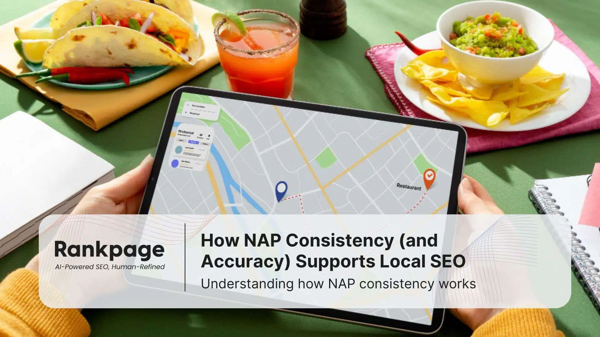 Photo of a tablet, a Google Map, and a person holding the tablet at a restaurant, representing local SEO