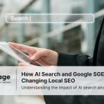 Photo of a woman searching on her phone with a search bar above it hovering in the air. This represents AI search and local SEO