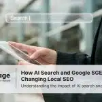 Photo of a woman searching on her phone with a search bar above it hovering in the air. This represents AI search and local SEO