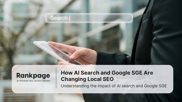 Photo of a woman searching on her phone with a search bar above it hovering in the air. This represents AI search and local SEO