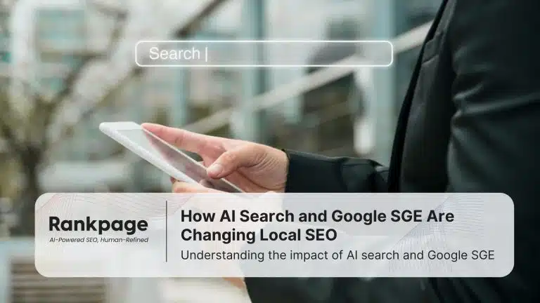 Photo of a woman searching on her phone with a search bar above it hovering in the air. This represents AI search and local SEO