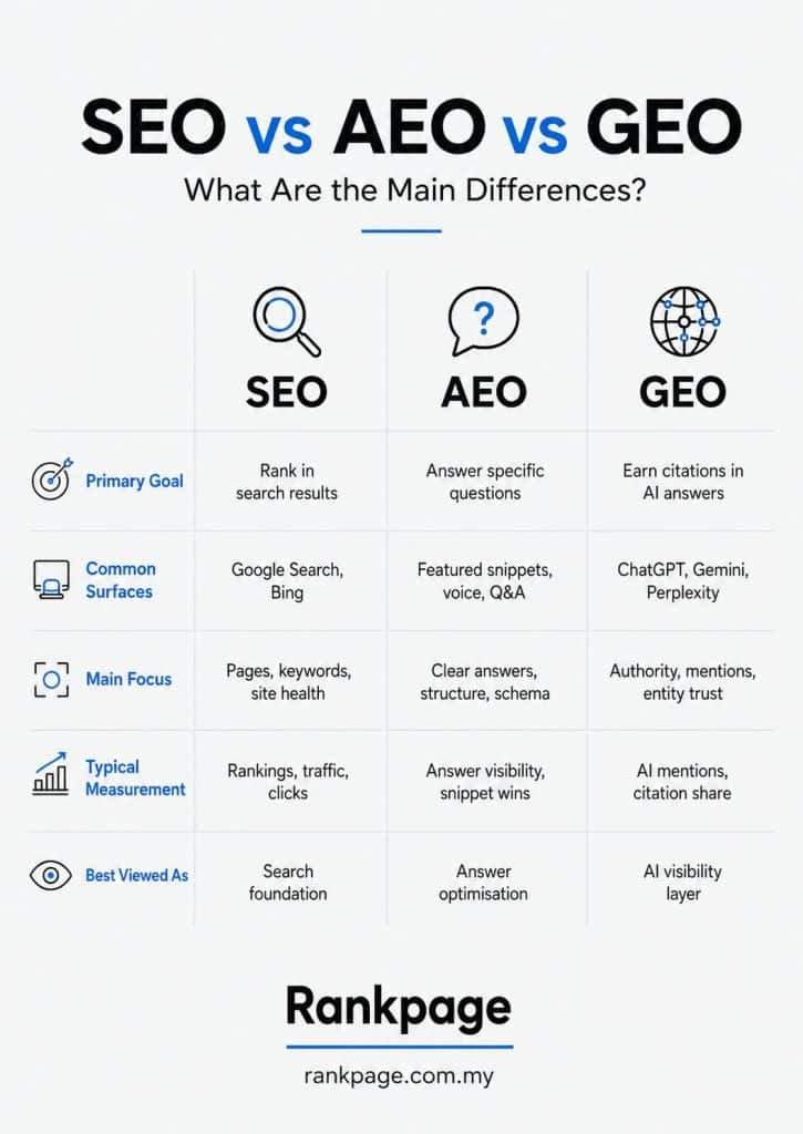 Infographic about AEO vs SEO vs GEO