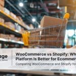 Photo of a miniature shopping cart on a laptop inside a warehouse, representing ecommerce and WooCommerce vs Shopify