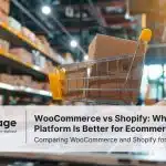 Photo of a miniature shopping cart on a laptop inside a warehouse, representing ecommerce and WooCommerce vs Shopify