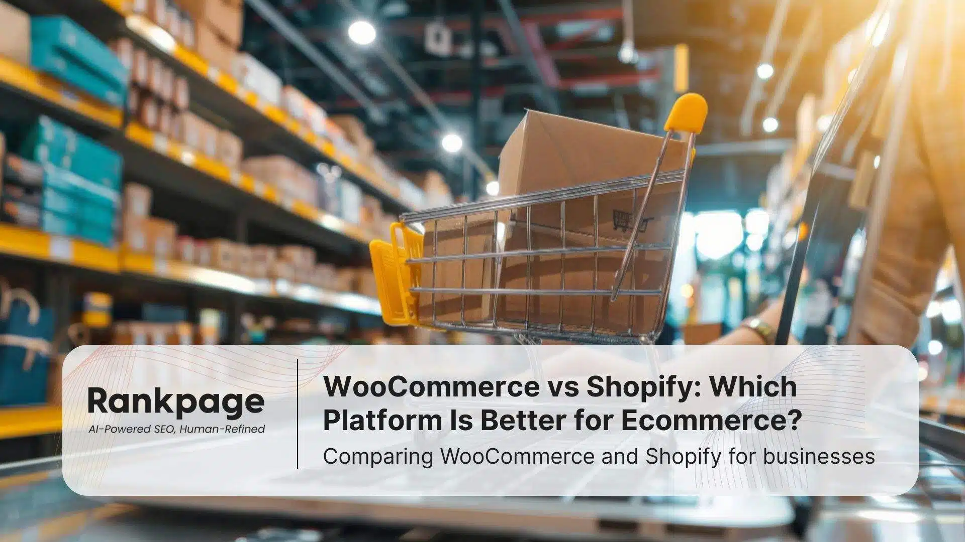 Photo of a miniature shopping cart on a laptop inside a warehouse, representing ecommerce and WooCommerce vs Shopify
