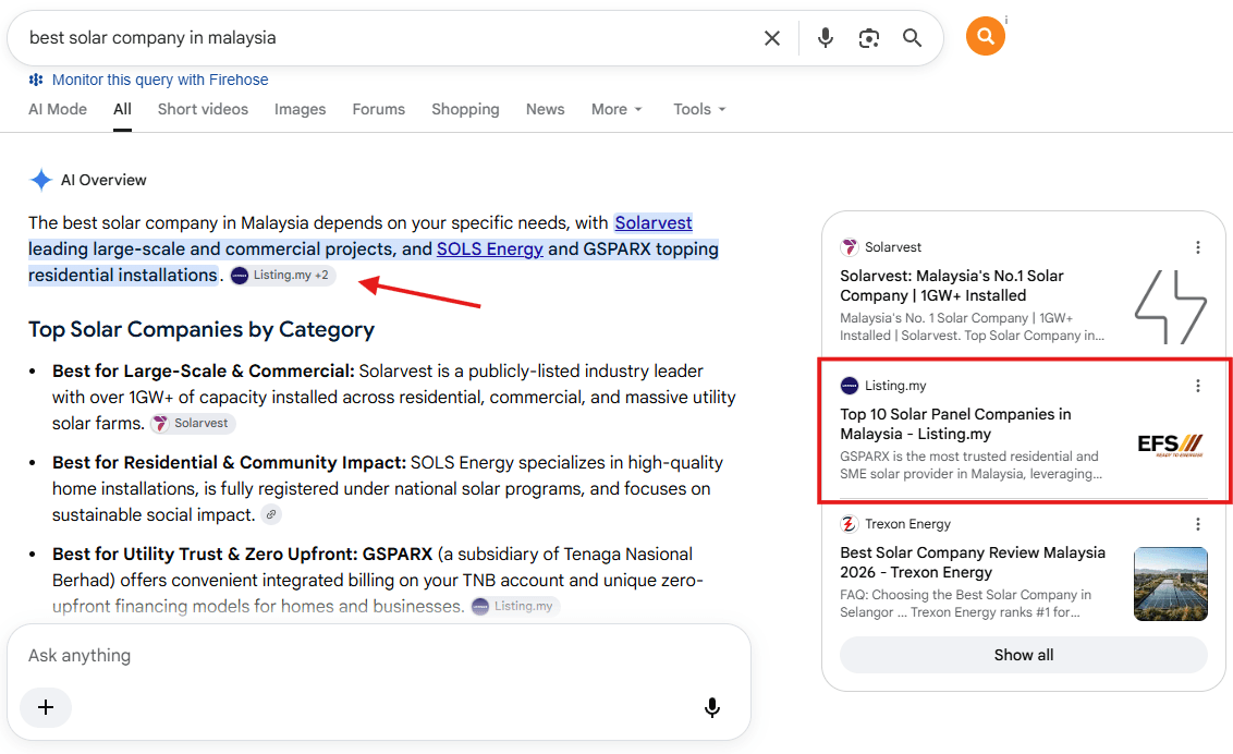 Google AI Overview result for “best solar company in malaysia”