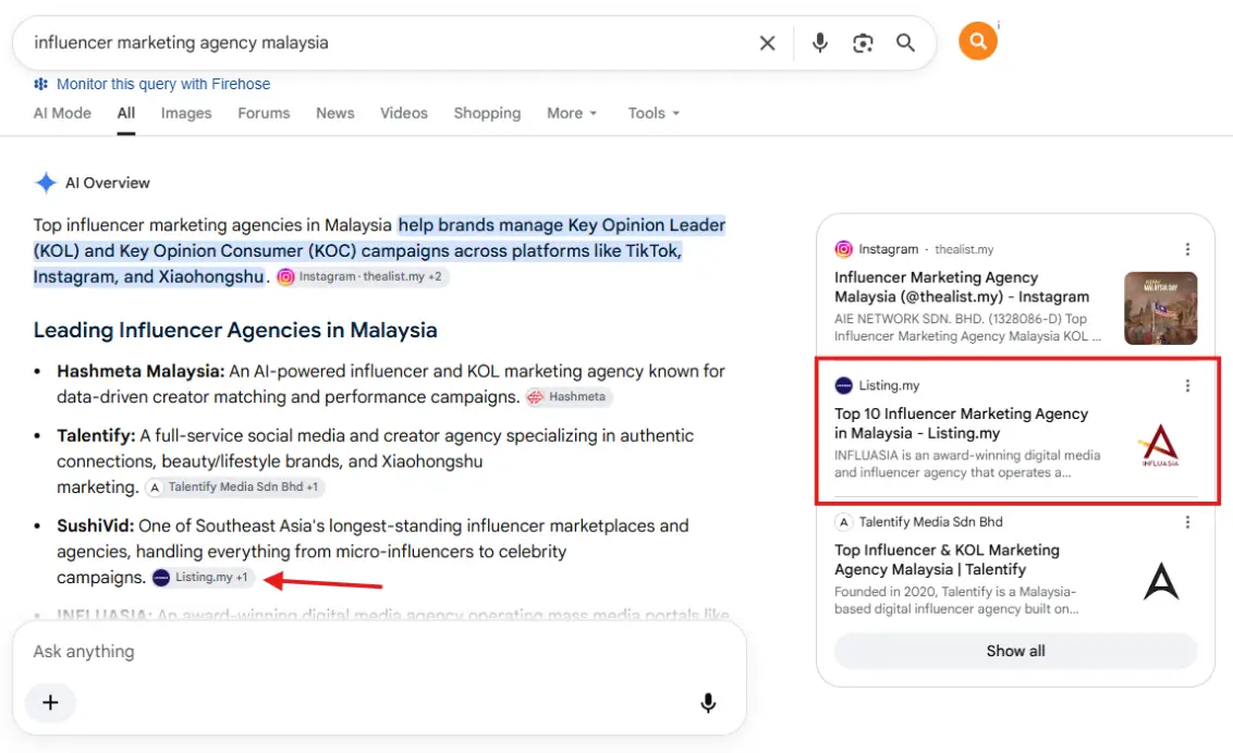 Google AI Overview result for “influencer marketing agency malaysia”