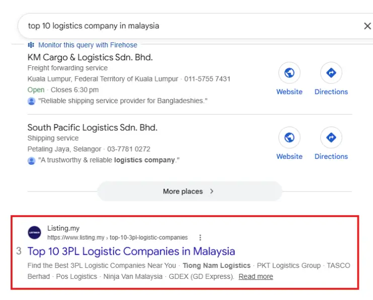 Ranking #1 for “top 10 logistics company in malaysia”