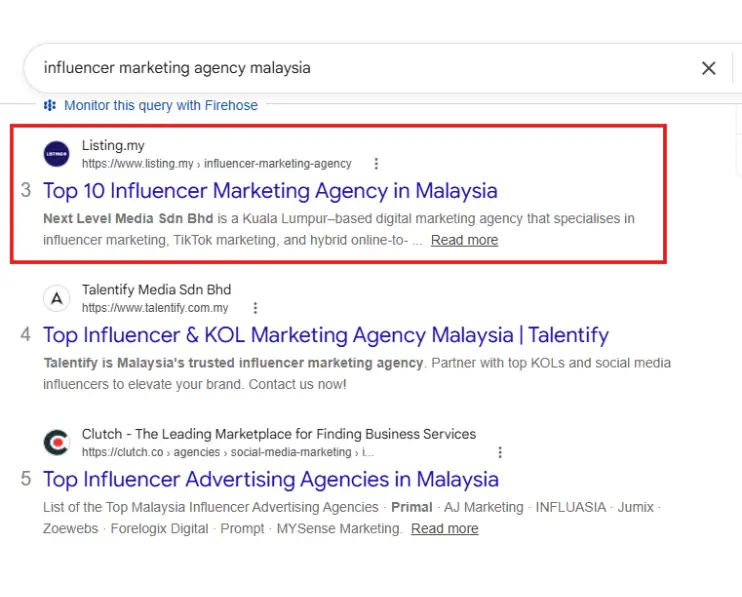 Ranking #3 for “influencer marketing agency malaysia”