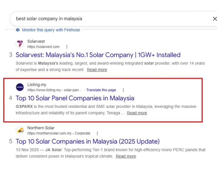 Ranking #4 for “best solar company in malaysia”
