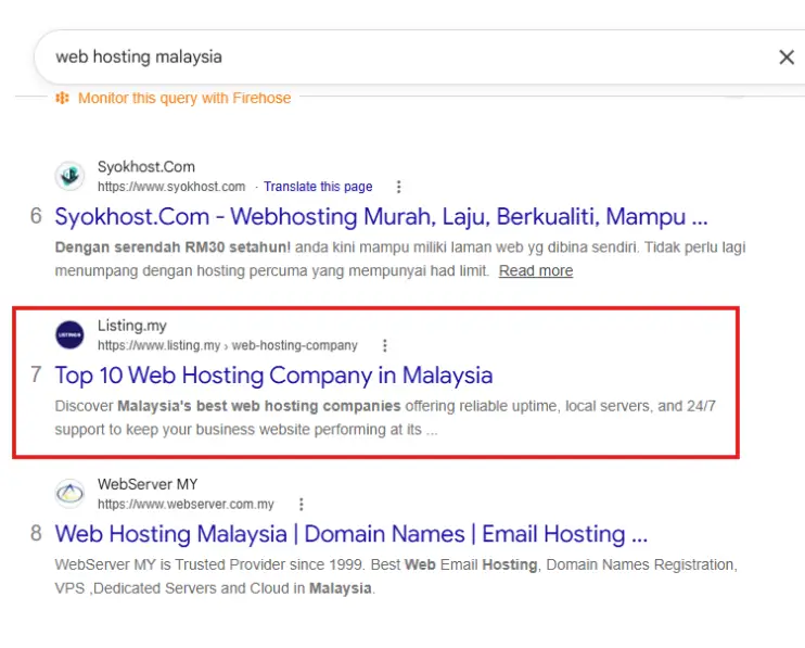 Ranking #7 for “web hosting malaysia”