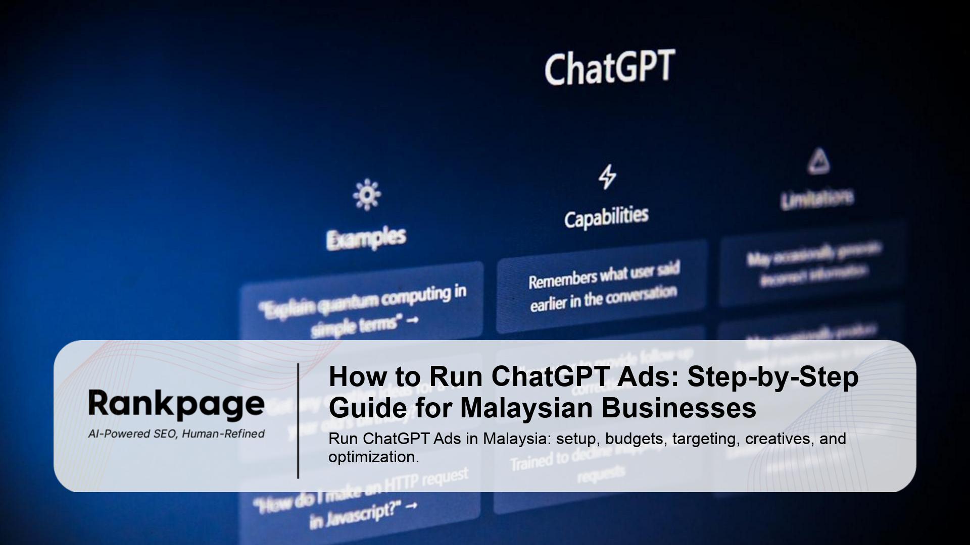 The ChatGPT interface showing examples, capabilities, and limitations on a dark blue screen